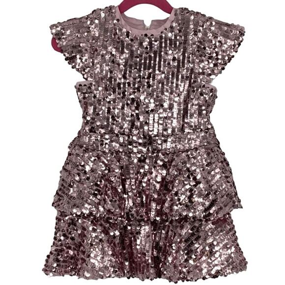 Bardot Junior Size 4T Pink Rose Leila Sequin Dress Tiered Cap